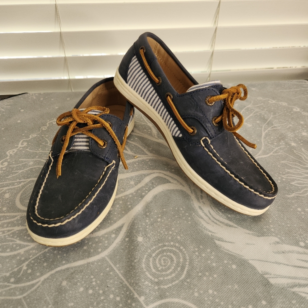 Womens SPERRY Leather Seersucker Navy Blue with Stripes‎ Boat Shoe Size 6